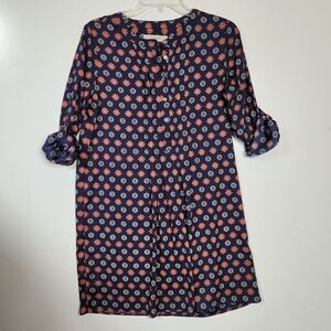 LOFT LONG SLEEVE BUTTON FRONT MODEST CAREER NAVY BLUE CORAL DRESS XS SMALL